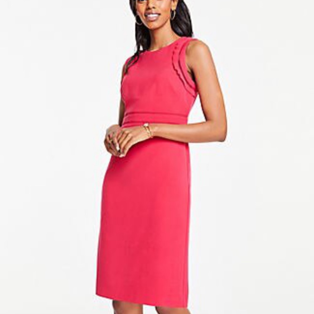 Petite Eyelet Ruffle Doubleweave Sheath Dress In Bollywood Pink